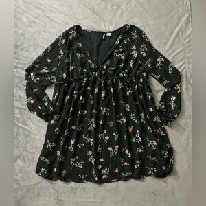 Divided Black Longsleeve V-Neck Floral Mini Babydoll Dress